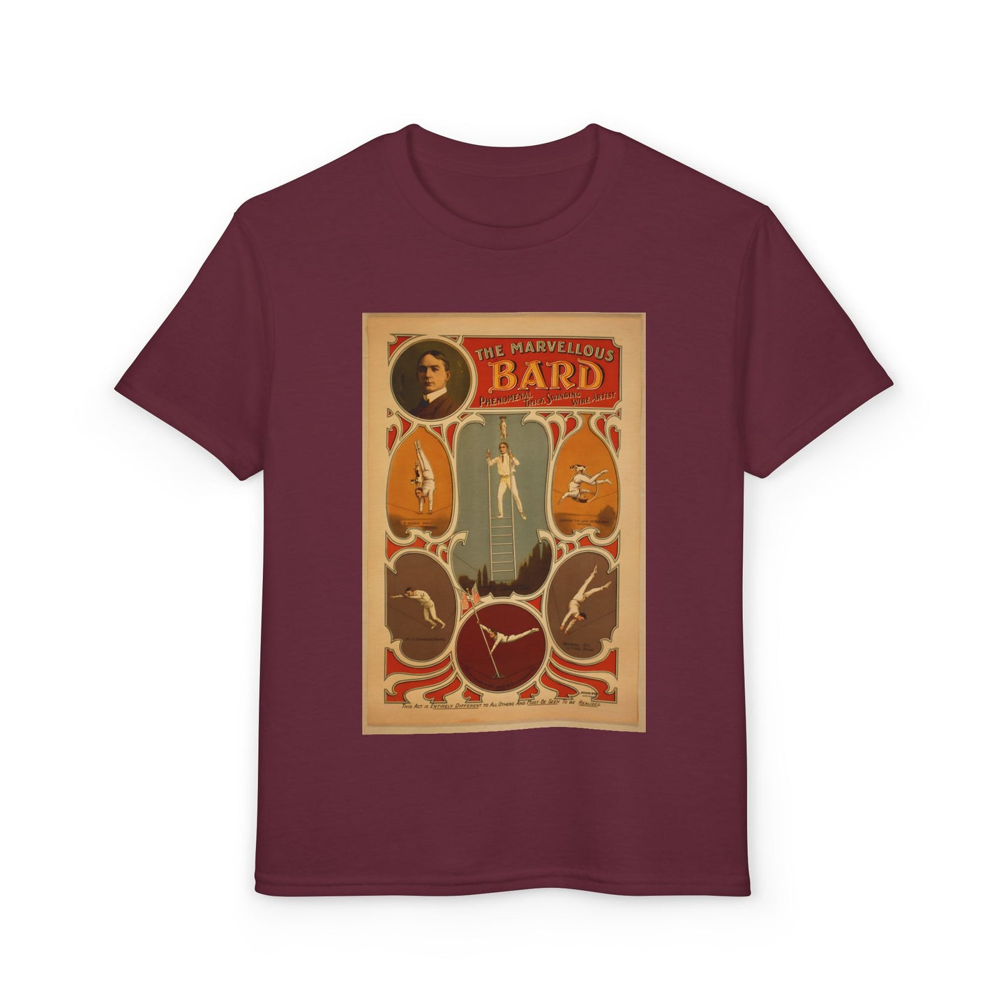 Marvelous Bard High Wire Act Vaudeville Poster Youth T-Shirt (available in Green, Grey, Red, Maroon)