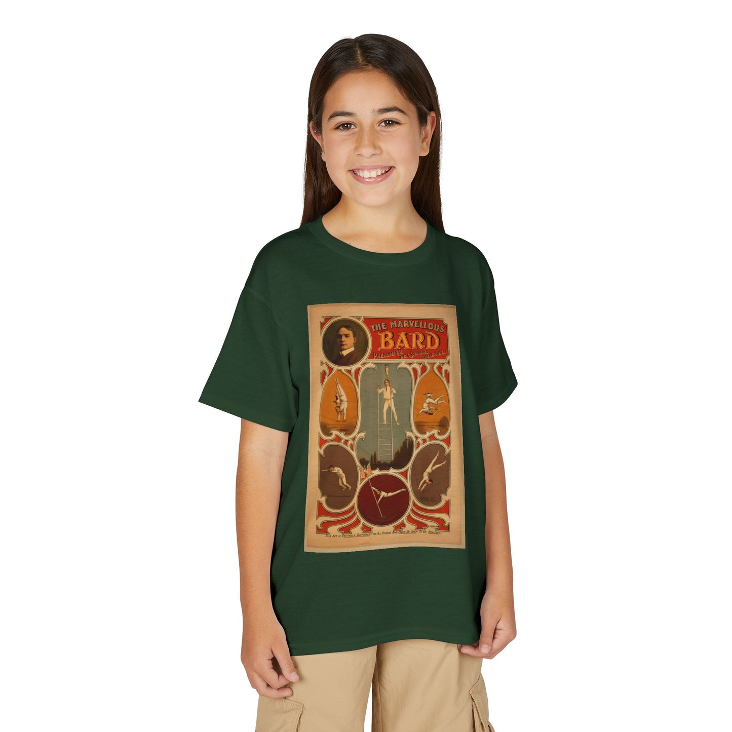 Marvelous Bard High Wire Act Vaudeville Poster Youth T-Shirt (available in Green, Grey, Red, Maroon)