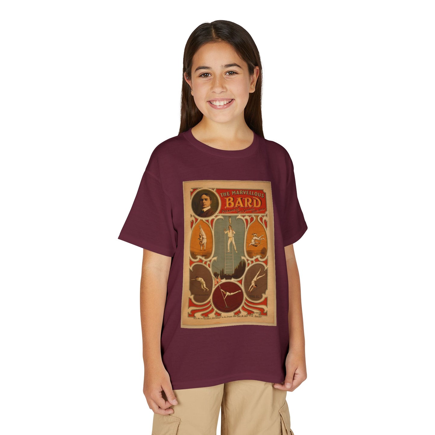 Marvelous Bard High Wire Act Vaudeville Poster Youth T-Shirt (available in Green, Grey, Red, Maroon)