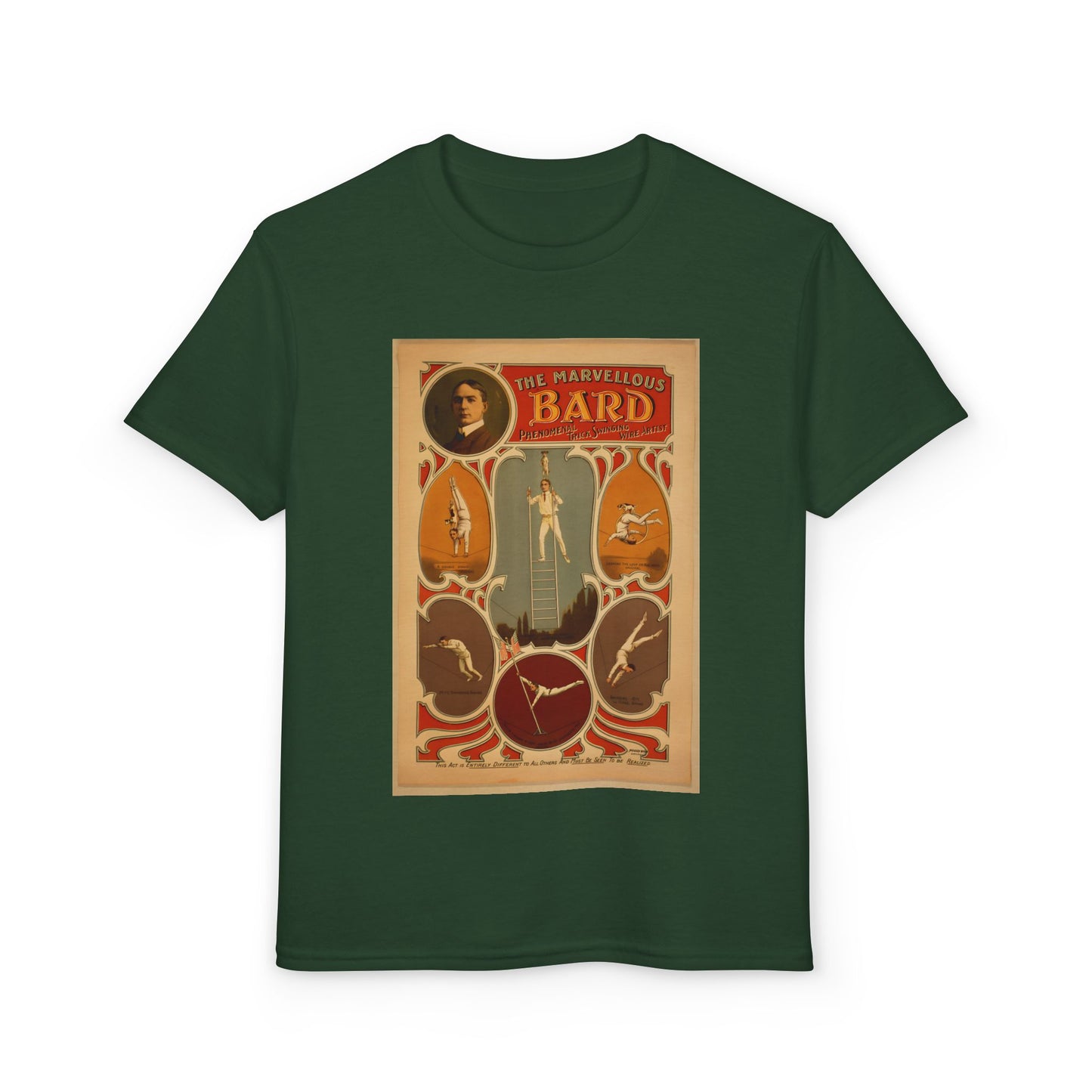 Marvelous Bard High Wire Act Vaudeville Poster Youth T-Shirt (available in Green, Grey, Red, Maroon)