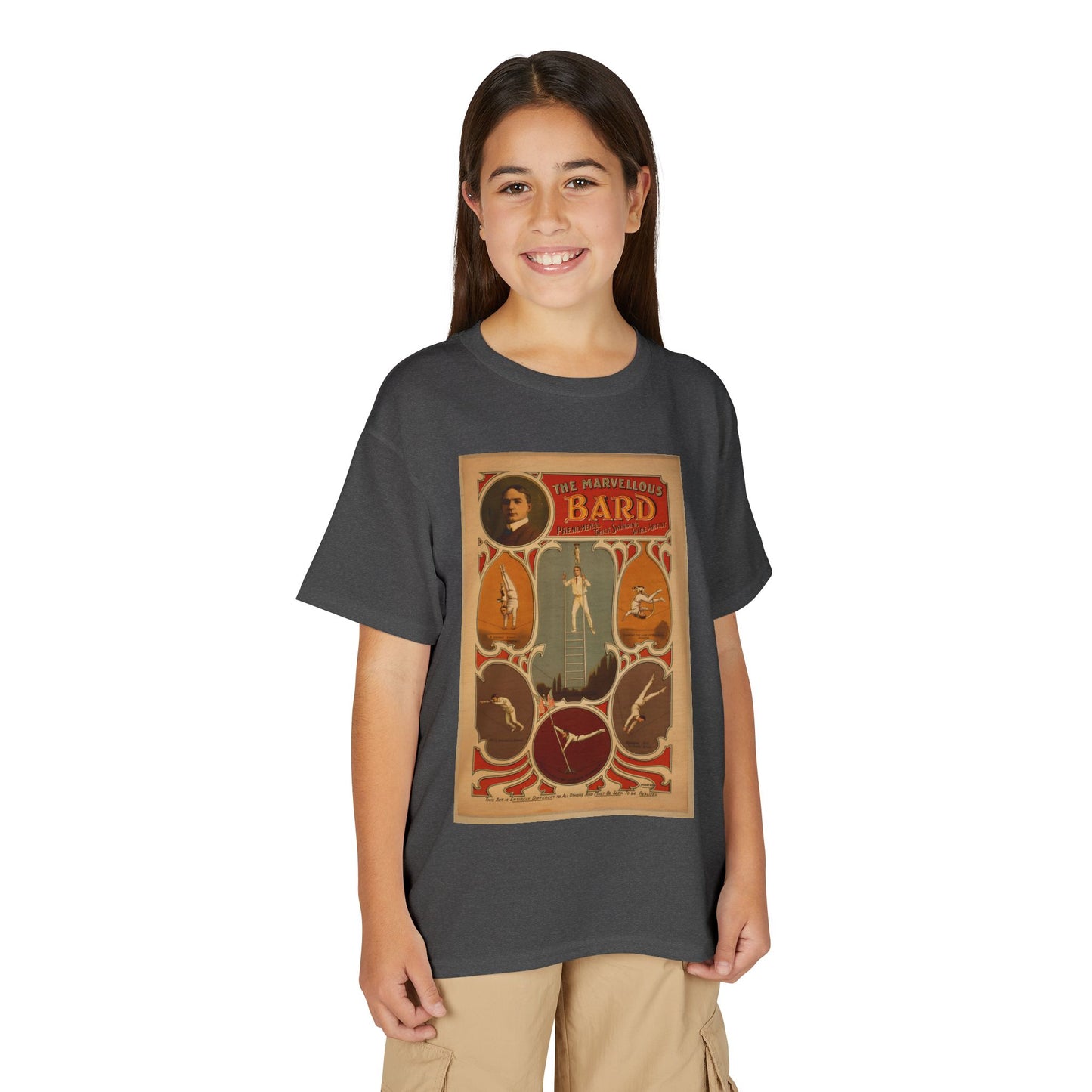 Marvelous Bard High Wire Act Vaudeville Poster Youth T-Shirt (available in Green, Grey, Red, Maroon)