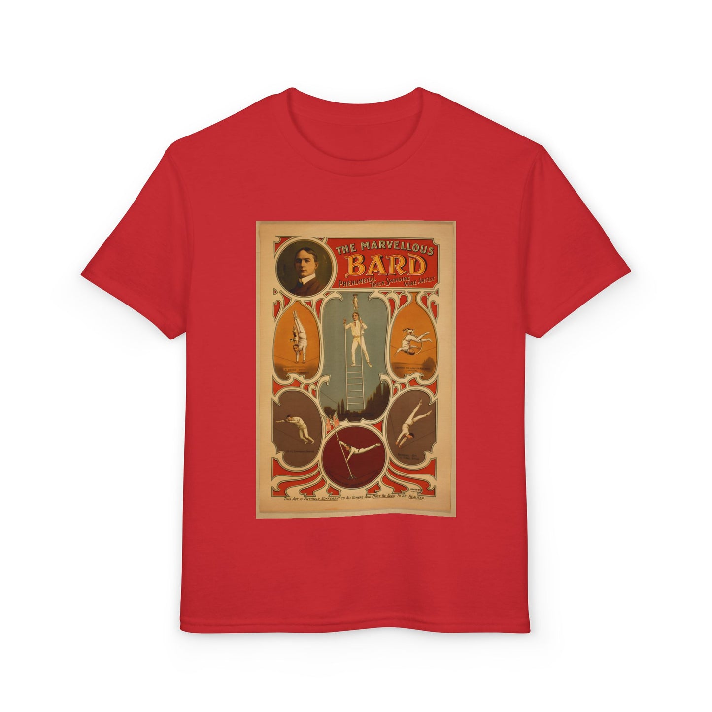 Marvelous Bard High Wire Act Vaudeville Poster Youth T-Shirt (available in Green, Grey, Red, Maroon)