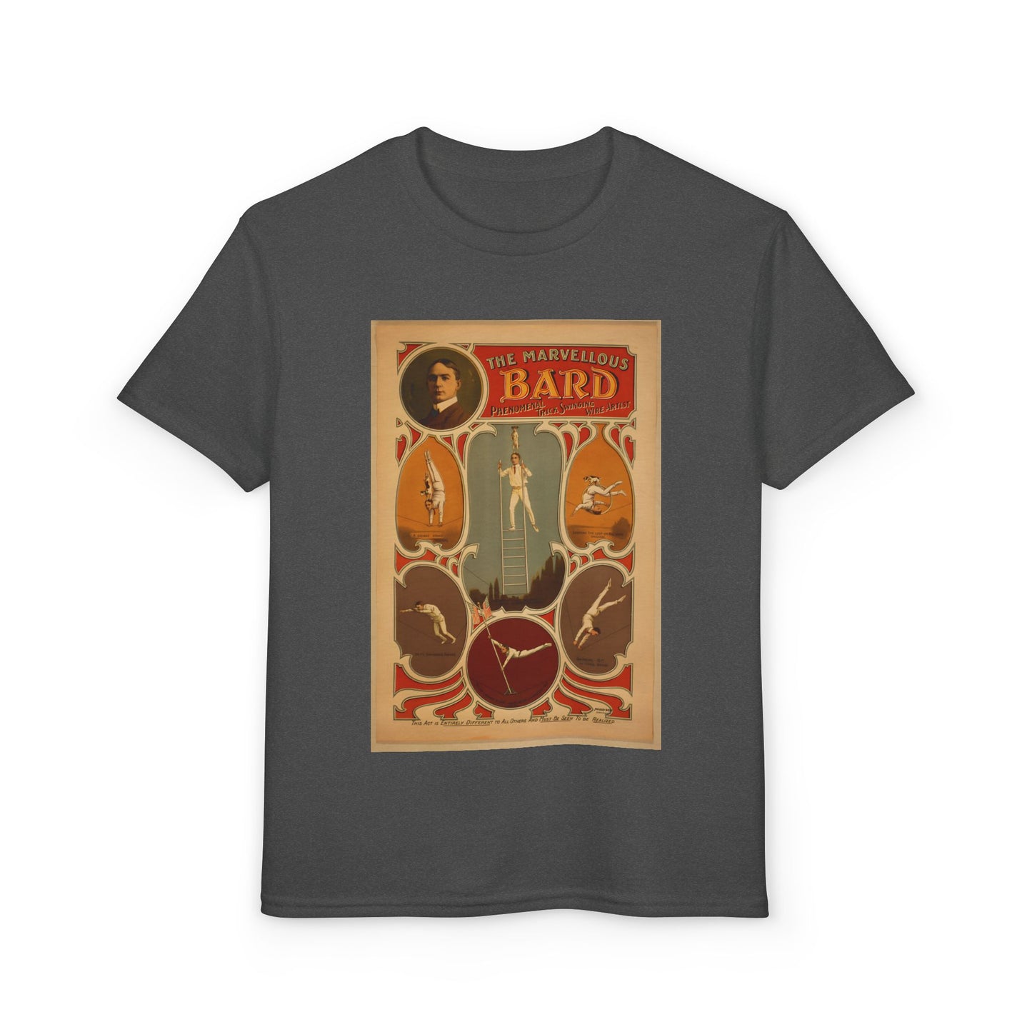 Marvelous Bard High Wire Act Vaudeville Poster Youth T-Shirt (available in Green, Grey, Red, Maroon)